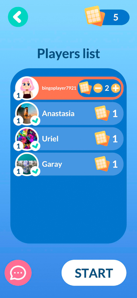 Multiplayer lobby screen showing a list of joined players and their selected card counts in the Bingo Family games app