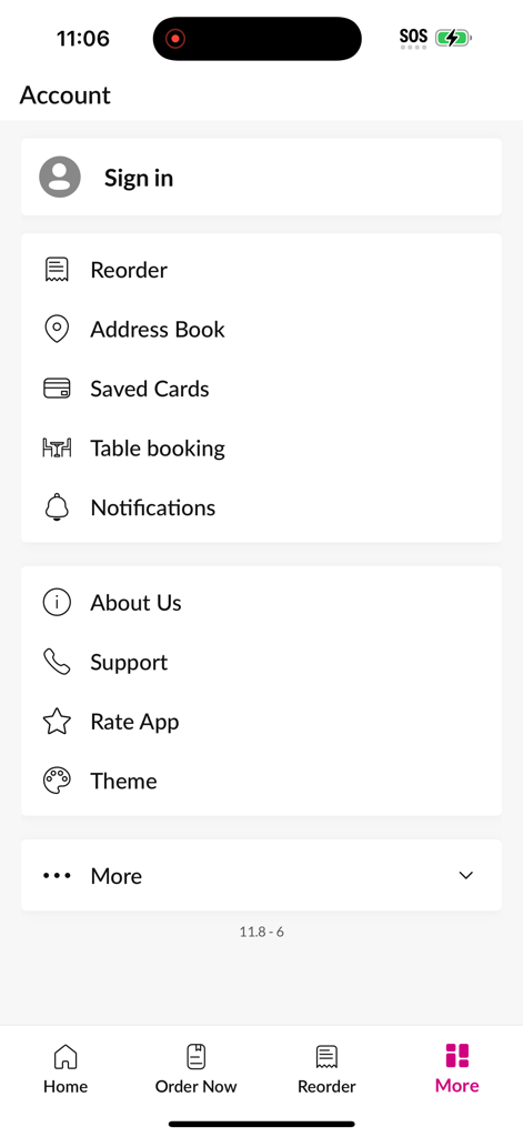 Avalon Chinese Restaurant - Page des paramètres du compte de l'application Avalon Chinese Restaurant montrant les options de connexion et de réservation