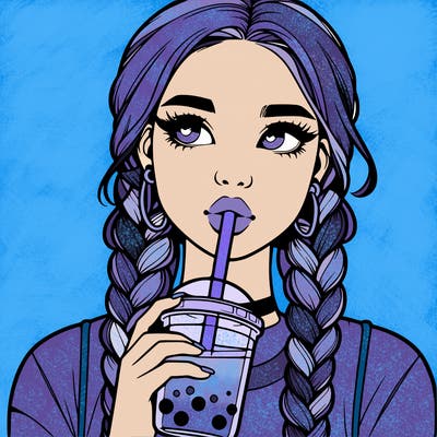 realistic girl with braided hair drinking boba