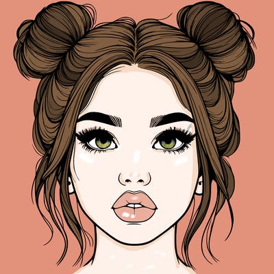 realistic girl with two buns on her hair and lips