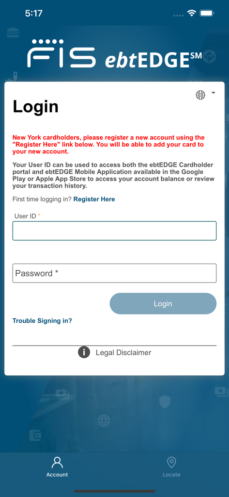ebtEDGE mobile app Anmeldebildschirm mit Feldern für Benutzer-ID und Passwort