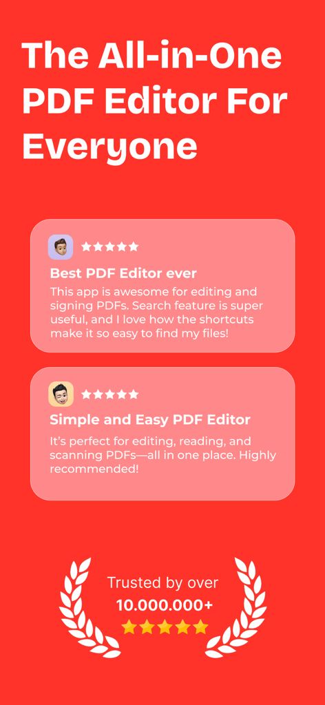 Reseñas de usuarios y distintivo de confianza para la aplicación PDF Expert que muestra calificaciones de cinco estrellas.