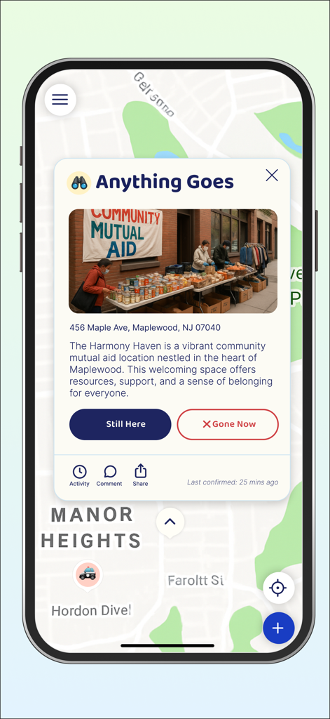 Coqui app interface showing a map pin for a community mutual aid location with a photo and status update buttons