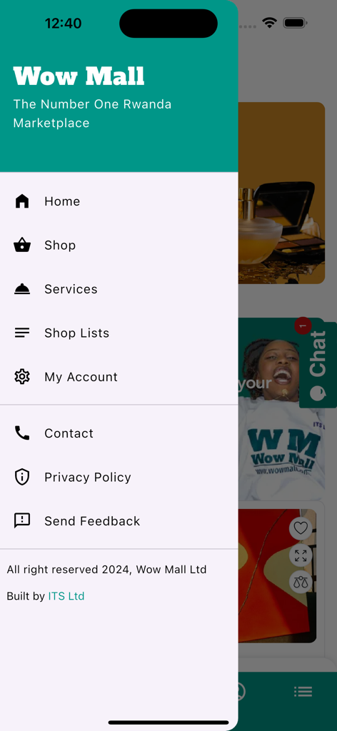 Wow_Mall - The navigation side menu of the Wow Mall app featuring links for Home, Shop, and Services.