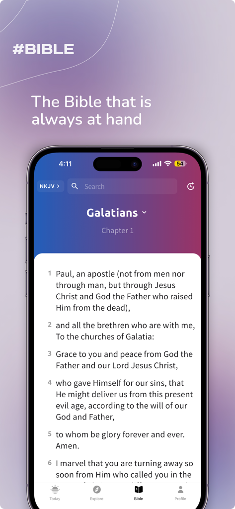 A smartphone screen showing the Bible reading feature of the Adventist Devotional Readings app displaying Galatians Chapter 1.