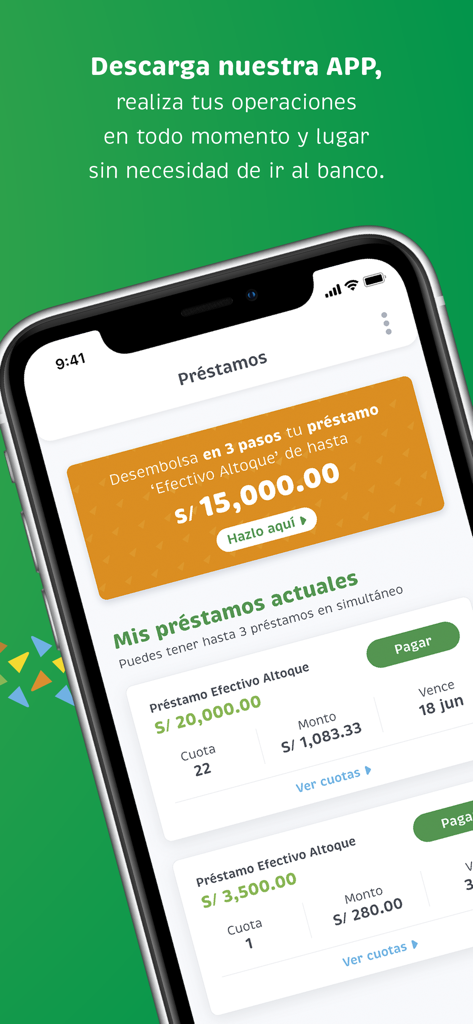 Mibanco mobile app interface showing a list of current loans and a banner for instant credit disbursement