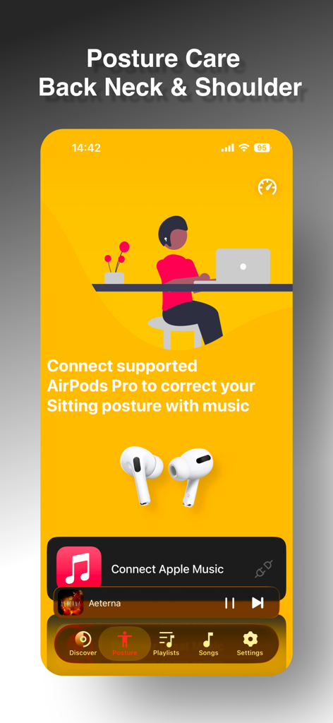 PoseMusic-Offline Music Player - PoseMusic app interface demonstrating real-time sitting posture correction with AirPods Pro