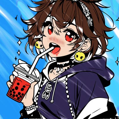 hot baddie anime girl drinking boba and biting the straw