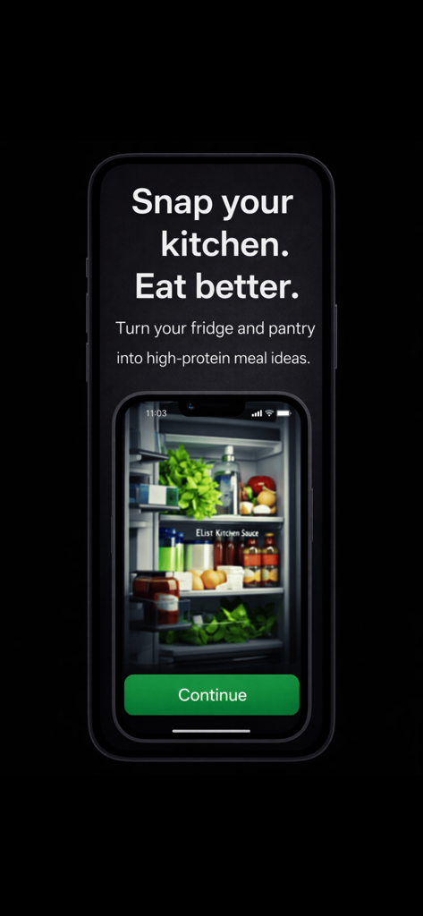 MealSnap: Fridge to Meals - Interfaz de la aplicación MealSnap que muestra cómo escanear un refrigerador para obtener ideas de comidas altas en proteínas
