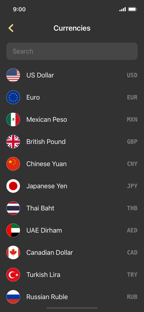 A list of global currencies including US Dollar, Euro, and British Pound with flags and currency codes on a dark background.
