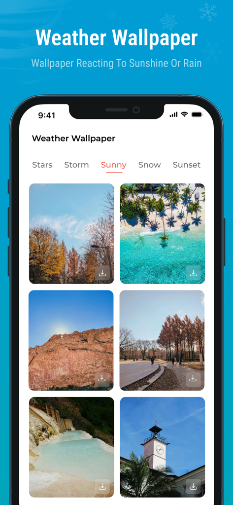Schermata dell'app Termometro Interno che mostra una selezione di sfondi a tema soleggiato per dispositivi mobili.
