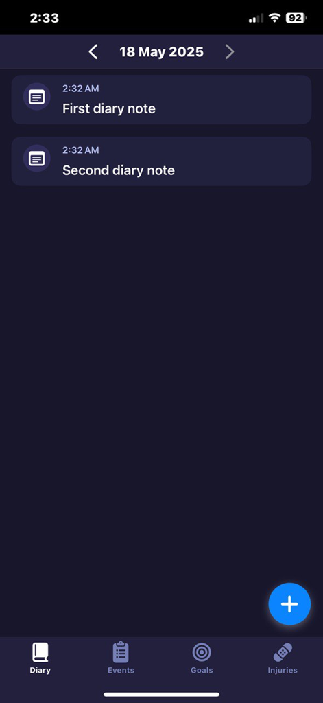 Ecuabe - Trackly: sport diary - Una lista de notas del diario deportivo en la aplicación móvil Trackly.