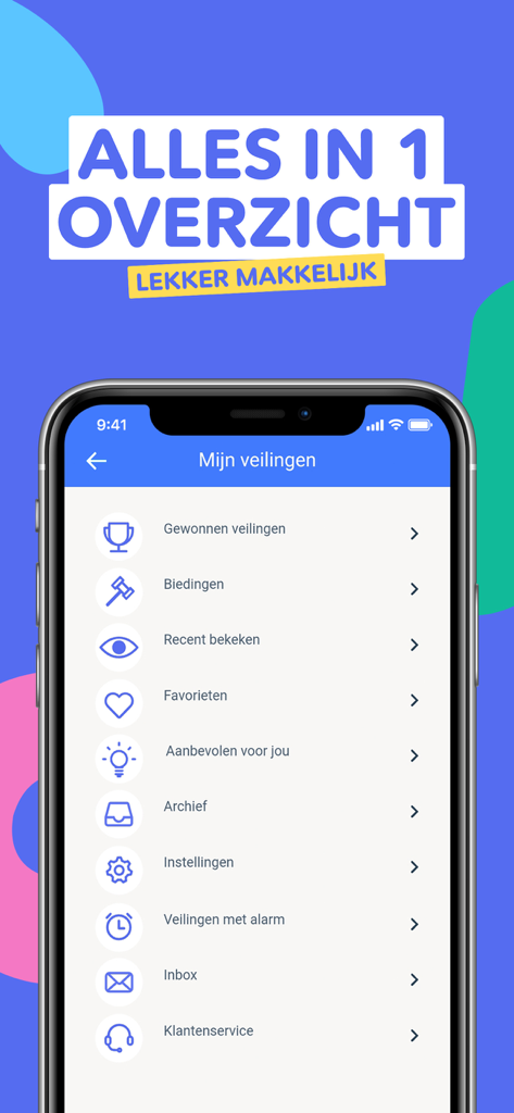VakantieVeilingen - Dagje uit - VakantieVeilingen mobile app dashboard showing user auctions bids and favorites