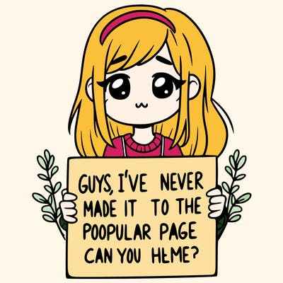 a girl holding up a sign that says, guys, i’ve never made it to the popular page, can you help me?