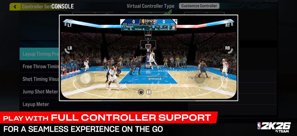Gameplay mobile di NBA 2K26 MyTEAM che mostra un overlay del controller virtuale per un'esperienza da console in movimento