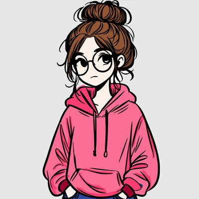 teen girl with a messy bun and glasses wearing a loose hoodie and jeans