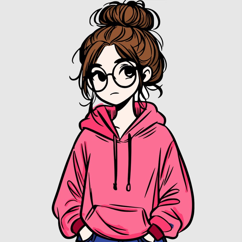 teen girl with a messy bun and glasses wearing a loose hoodie and jeans