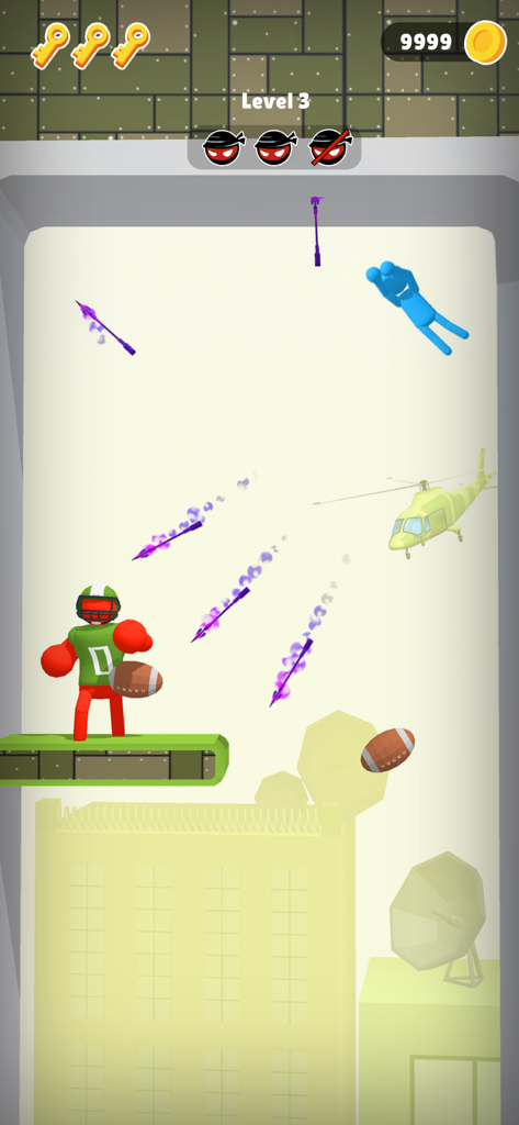 Stick Teleport 3D - A stickman ninja wearing a football player outfit throwing purple teleportation kunais in a rooftop level.