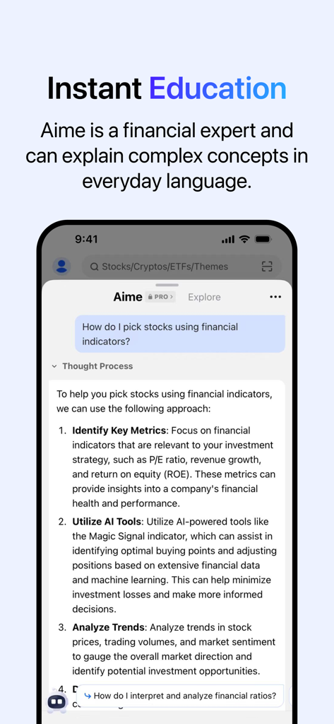 AInvest: AI Stock Investing - Il consulente finanziario AI dell'app AInvest, Aime, che spiega come scegliere le azioni utilizzando indicatori finanziari.