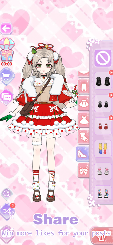 Una chica de anime con un vestido rojo navideño y accesorios festivos en Vlinder Princess