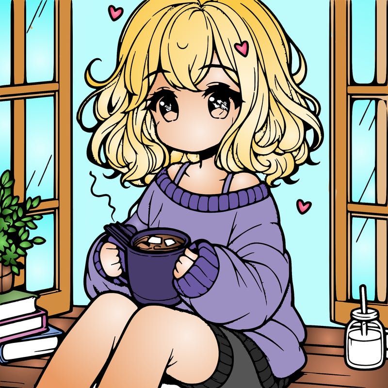 cute anime girl reading book and drinking hot chocolate from mug with loose wavy hair wearing a baggy sweatshirt and shorts sitting by windowsill looking out