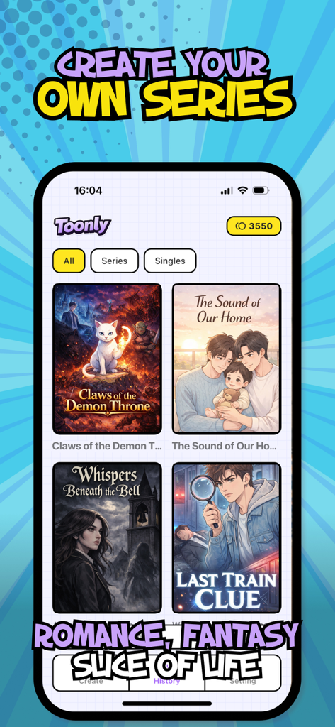 A smartphone screen showing the Toonly app library with various AI generated comic covers in fantasy romance and mystery genres