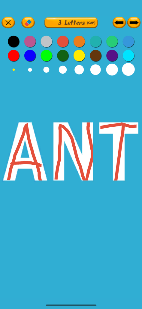 Letter Tracing for English - Interface of the Letter Tracing for English app showing the word ANT being traced in red with a color selection toolbar
