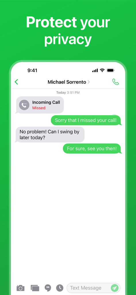 Screenshot of the Second Line app chat interface showing protected privacy for messages and calls.