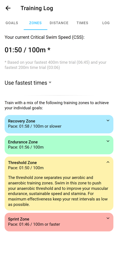 Swimming training zones and critical swim speed dashboard in the Swim Coach app.