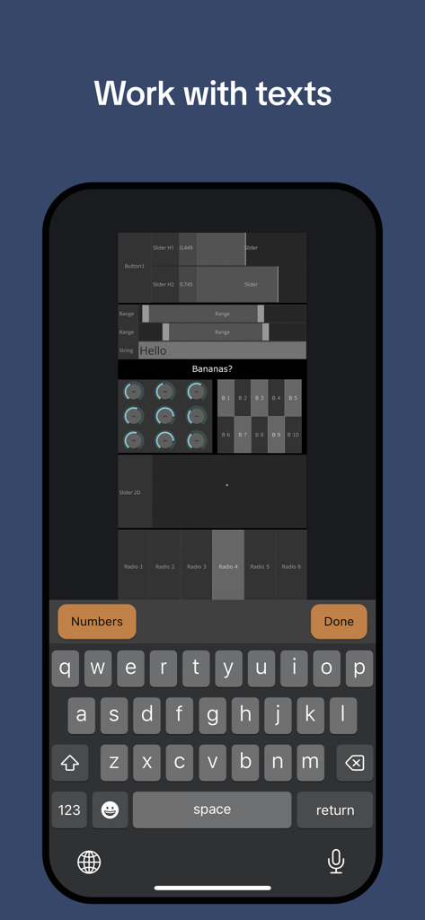 Remote Tools for TouchDesigner - Remote Tools for TouchDesigner app showing mobile keyboard for text input