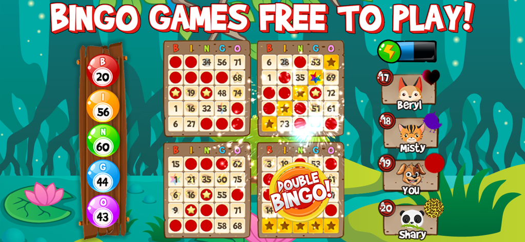 Gameplay screen of Abradoodle Bingo showing four cards and cute animal avatars in a jungle theme.