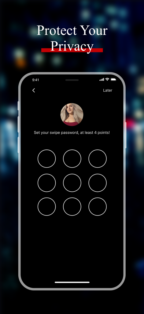 Kinks: Meet Couples & Singles - Pantalla móvil mostrando una cuadrícula de 3x3 para establecer una contraseña de deslizamiento para protección de privacidad en la aplicación de citas Kinks.