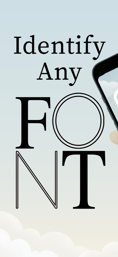 Font Finder: AI Identifier - A promotional screen for the Font Finder AI app displaying the text Identify Any Font in various typographic styles.