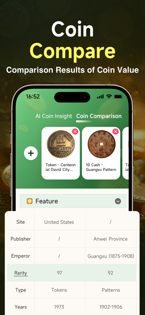 Go Coin Identifier: Coin Value - Interface of the Go Coin Identifier app showing a side-by-side comparison of two coins with historical data and rarity scores.