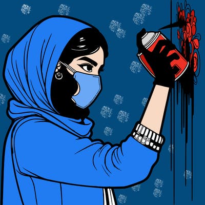 realistic girl with mask spray painting a wall