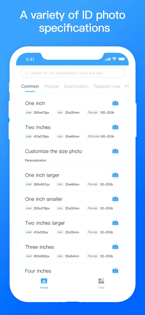 Mobile app screen displaying various ID and passport photo size specifications and measurements