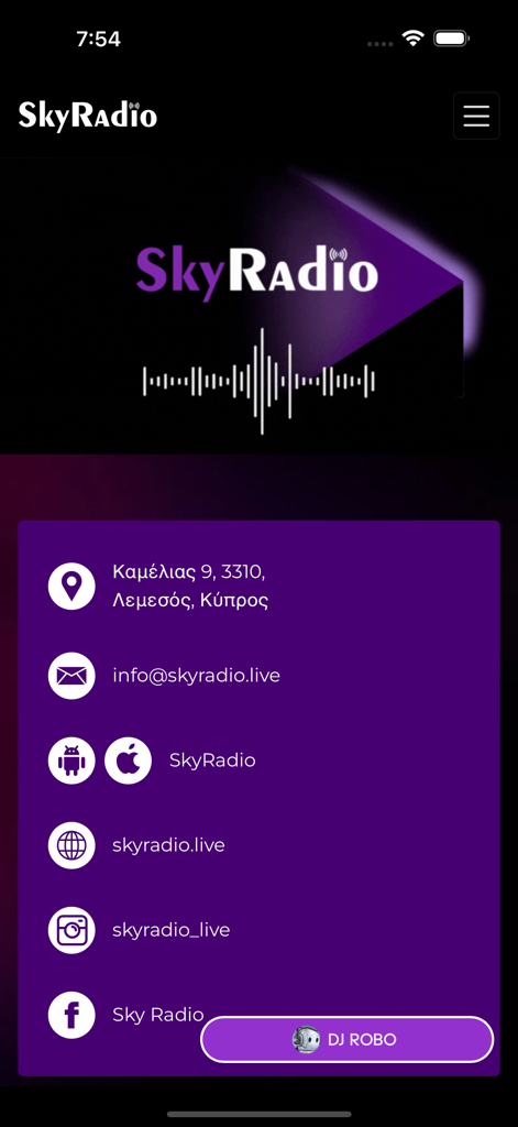 SkyRadioLive - SkyRadio Live app contact information screen showing social media links and the DJ Robo AI assistant button