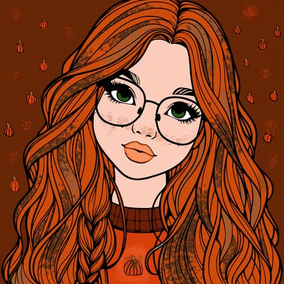 girl with long hair and freckles and glasses realistic
