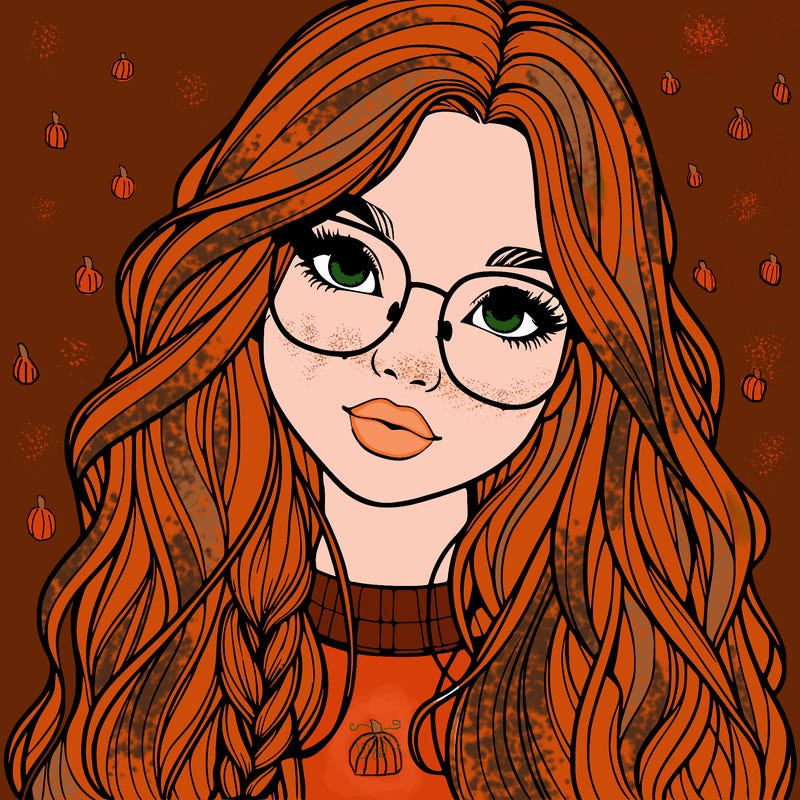girl with long hair and freckles and glasses realistic