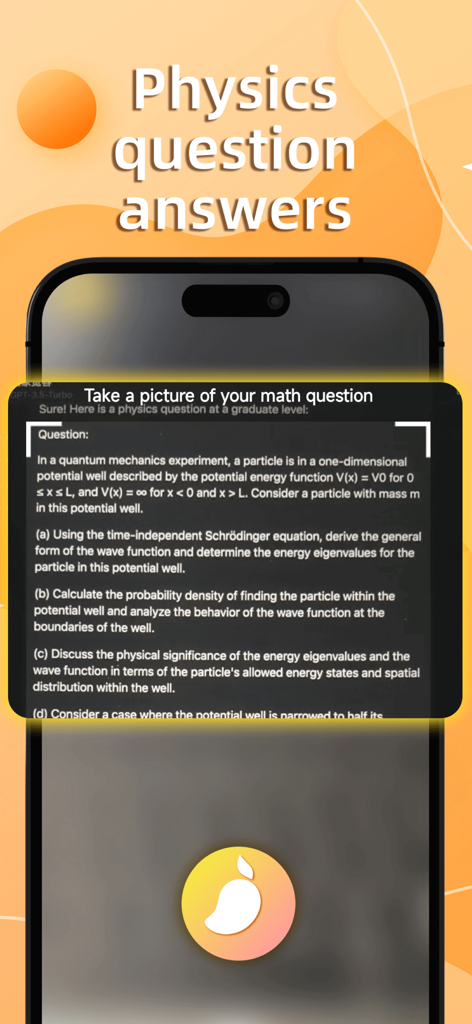 Mango.AI - Mango AIアプリが複雑な物理学の問題をスキャンして段階的な解答を提供する様子を示すiPhone画面。