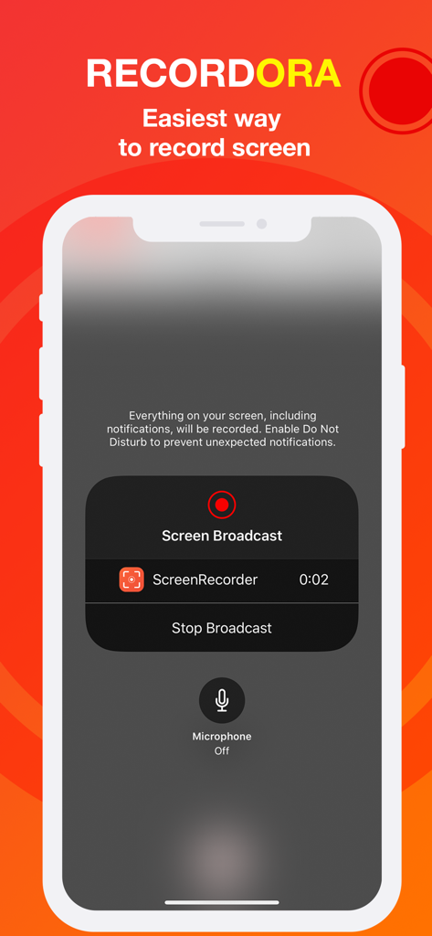 Screen Recorder - Record.TV - A mobile phone display showing the Recordora screen broadcast interface with recording and microphone options