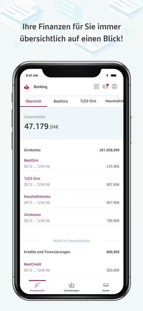 Pantalla de teléfono inteligente que muestra el resumen financiero de la aplicación MySantander Banking con varias cuentas corrientes y préstamos.