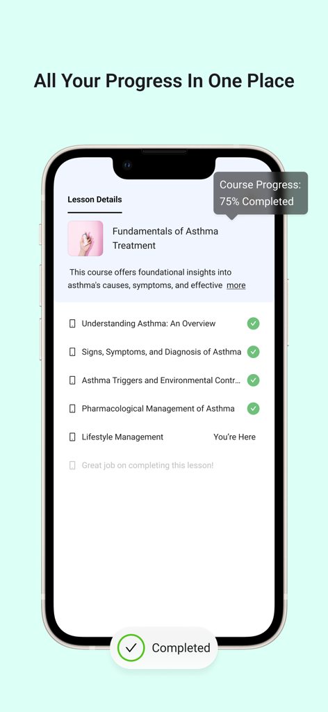 Ethos Systems - Aplicación móvil Ethos Systems que muestra un rastreador de progreso del curso con lecciones completadas.