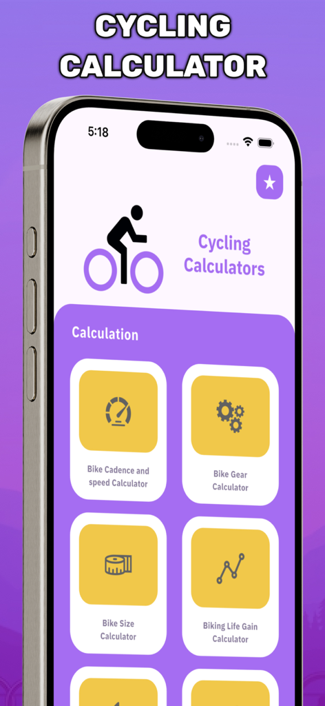 Cycling Calculators for Bike - Dashboard of the Cycling Calculators for Bike app showing options for cadence, gear, bike size, and life gain calculations.