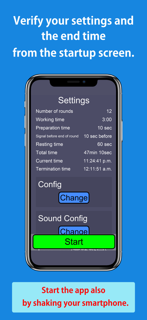 R-Timer - The settings screen of the R-Timer app showing boxing round configurations and the shake to start feature.