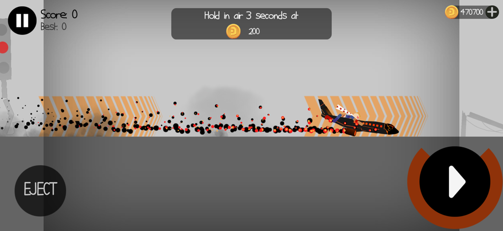 Stickman character riding a jet through explosive physics obstacles in Stickmen Ragdoll game