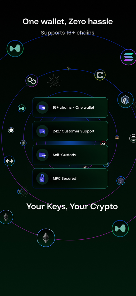 Okto: Crypto Wallet - Promotional graphic for Okto Crypto Wallet highlighting support for 16 plus chains, self-custody, and MPC security with a dark background and blockchain icons.