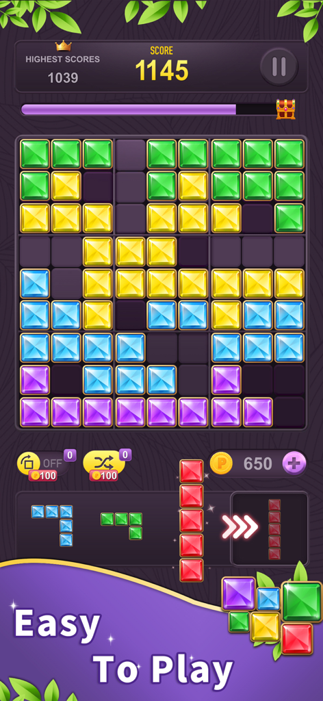 Block Puzzle - Fun Games - Gameplay of Block Puzzle Fun Games showing colorful jewel blocks on a nine by nine grid with the text Easy To Play