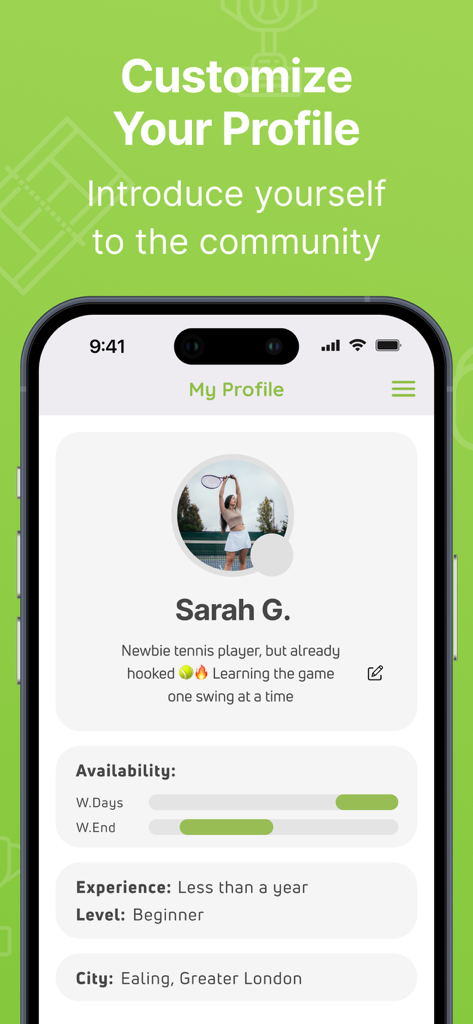 Customizable user profile on the Kort tennis app showing player level and availability