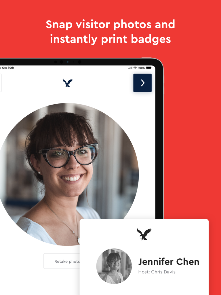 Envoy Visitors Kiosk - Visitor capturing a photo on an iPad for an instant printed security badge